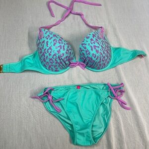 Victoria's Secret Gorgeous Sequin Leopard Padded Bikini Bottoms sz L Top sz 36DD